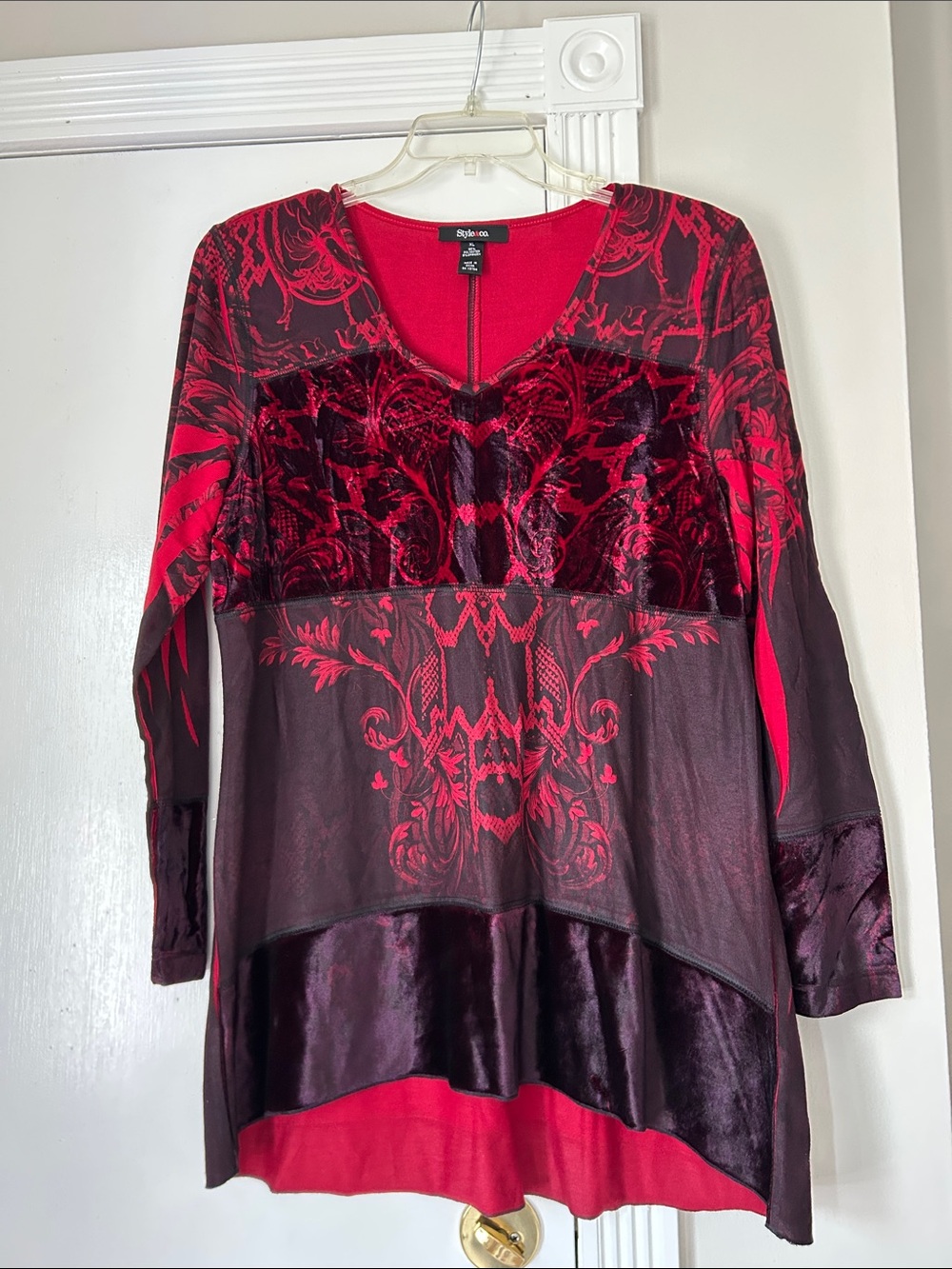 Style & Co. Red and Black Velvet-Panel Long Sleeve Tunic